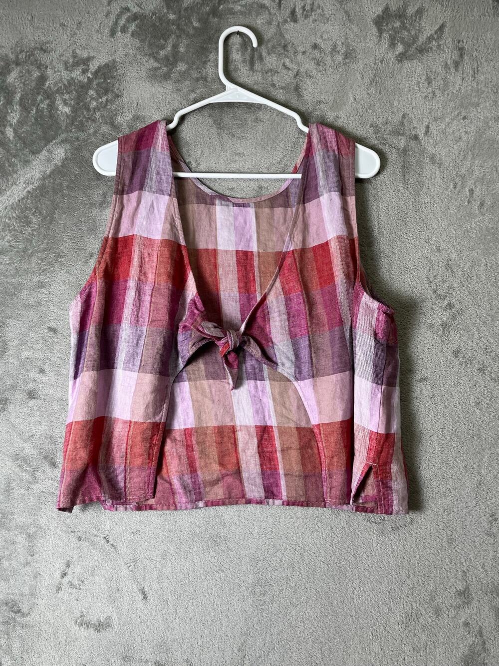 Madewell Plaid Tie-Back Tank in 100% Linen Natural Fiber Tank Top Blouse Size 12